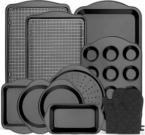 13 PCS Nonstick Bakeware Set - Carbon Steel Baking Pans Set with Dual Handles, Includes Roasting Pan, Pizza Pan, Cookie Sheet, Cake Pans, Muffin Pans, Cooling Rack, Oven Mitts, Non-Toxic 13 PCS Nonstick Bakeware Set - Carbon Steel Baking Pans Set with Dual Handles, Includes Roasting Pan, Pizza Pan, Cookie Sheet, Cake Pans, Muffin Pans, Cooling Rack, Oven Mitts, Non-Toxic