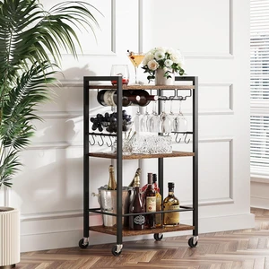 Bar Cart with Wheels, Mini Drink Cart with Wine Rack & Glass Holder Bar Cart with Wheels, Mini Drink Cart with Wine Rack & Glass Holder