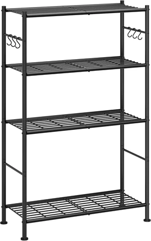4-Tier Storage Shelves with 6 Hooks, 33.2" x 12.7" x 57.3", Black 4-Tier Storage Shelves with 6 Hooks, 33.2" x 12.7" x 57.3", Black