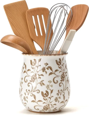Utensil Holder for Kitchen Counter, Modern Farmhouse Cooking Utensil Holder and Crock Home Kitchen Decor, Ceramic Utensil Organizer for Spatula, Ladle, Eggbeater, Rolling Pin- Brown Flower Patterns Utensil Holder for Kitchen Counter, Modern Farmhouse Cooking Utensil Holder and Crock Home Kitchen Decor, Ceramic Utensil Organizer for Spatula, Ladle, Eggbeater, Rolling Pin- Brown Flower Patterns