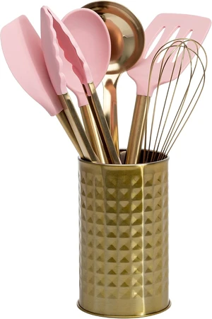 Kitchen Set Tool Crock with Silicone Cooking Utensils, Stainless Steel Whisk and Ladle, 7-Piece, Pink and Gold Kitchen Set Tool Crock with Silicone Cooking Utensils, Stainless Steel Whisk and Ladle, 7-Piece, Pink and Gold
