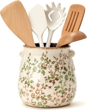 Utensil Holder for Kitchen Counter, Modern Farmhouse Rustic Cooking Utensil Holder and Crock, Exquisite Chinoiserie Floral Ceramic Utensil Organizer for Home Kitchen Decor- Green and Beige Utensil Holder for Kitchen Counter, Modern Farmhouse Rustic Cooking Utensil Holder and Crock, Exquisite Chinoiserie Floral Ceramic Utensil Organizer for Home Kitchen Decor- Green and Beige