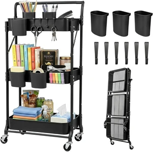 3 Tier Foldable Rolling Cart with Wheels, Folding Utility Cart Organizer, Collapsible Rolling Storage Cart with 3 Hanging Cups & 6 Hooks for Kitchen, Office, Nursery(Black) 3 Tier Foldable Rolling Cart with Wheels, Folding Utility Cart Organizer, Collapsible Rolling Storage Cart with 3 Hanging Cups & 6 Hooks for Kitchen, Office, Nursery(Black)