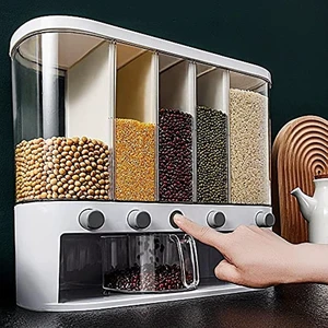 Dry Food Dispenser,Wall mounted 5 Grid Cereal Dispenser,Rice dispenser 25 pounds Kitchen Storage with Measuring Cup Dry Food Dispenser,Wall mounted 5 Grid Cereal Dispenser,Rice dispenser 25 pounds Kitchen Storage with Measuring Cup