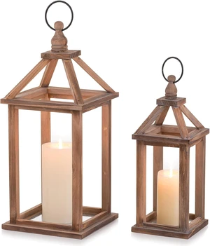 Wood Candle Lantern Decorative, Brown, Rustic Decor Set of 2 Wood Candle Lantern Decorative, Brown, Rustic Decor Set of 2