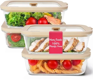 Non-Toxic Glass Food Containers with Lids, 4-Pack, 35 oz, Airtight, Beige Non-Toxic Glass Food Containers with Lids, 4-Pack, 35 oz, Airtight, Beige