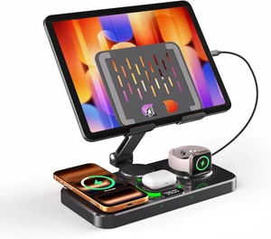 Magnetic Charging Station for Multiple Devices, Wireless Charger with Clock & Light, Foldable Wired Charging Stand for iPad/Tab, Mag-Safe Charger for iPhone 17, for Watch for AirPods Magnetic Charging Station for Multiple Devices, Wireless Charger with Clock & Light, Foldable Wired Charging Stand for iPad/Tab, Mag-Safe Charger for iPhone 17, for Watch for AirPods