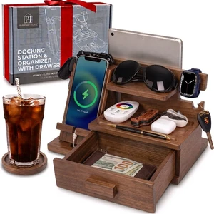 Wood Phone Docking Station with Drawer, Compatible with Watch - Wood Charging Station Organizer Stand, Bedside Nightstand Organizer for Men, Holds Phone, Tablet, Keys, Glasses, EDC Wood Phone Docking Station with Drawer, Compatible with Watch - Wood Charging Station Organizer Stand, Bedside Nightstand Organizer for Men, Holds Phone, Tablet, Keys, Glasses, EDC