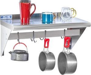 Hally Stainless Steel Shelf with 4 Hooks 14"x24" Wall Mounted Pot Rack NSF Hally Stainless Steel Shelf with 4 Hooks 14"x24" Wall Mounted Pot Rack NSF