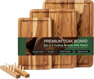 3 Pcs Teak Wood Cutting Board Set with Fast Drying Stand for Kitchen 3 Pcs Teak Wood Cutting Board Set with Fast Drying Stand for Kitchen