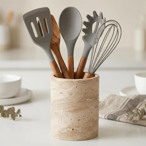 Natural Travertine Utensil Holder for Kitchen Countertop Heavy & Stable Real Stone Utensil Crock, Large Spoon & Spatula Organizer, Rustic Premium Kitchen Decor, Housewarming Gift, Beige Natural Travertine Utensil Holder for Kitchen Countertop Heavy & Stable Real Stone Utensil Crock, Large Spoon & Spatula Organizer, Rustic Premium Kitchen Decor, Housewarming Gift, Beige