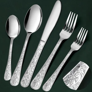60-Piece Vintage Carved Silverware Set for 12, Stainless Steel Flatware Set with Knife/Fork/Spoon, Cutlery Set for Home and Kitchen, Utensil Set with Dishwasher Safe 60-Piece Vintage Carved Silverware Set for 12, Stainless Steel Flatware Set with Knife/Fork/Spoon, Cutlery Set for Home and Kitchen, Utensil Set with Dishwasher Safe