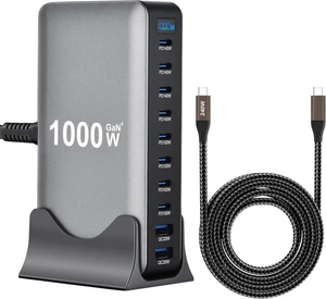 Famous Tech Shop 1000W GaN 10-Port USB-C Charging Station with 240W Cable, Fast Desktop Charger for Laptops, Tablets, Phones, Gaming Consoles Famous Tech Shop 1000W GaN 10-Port USB-C Charging Station with 240W Cable, Fast Desktop Charger for Laptops, Tablets, Phones, Gaming Consoles