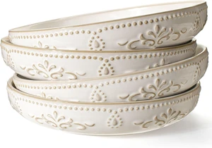Pasta Bowls, 50oz Large Salad Serving Bowls, 9.75'' Plates Bowl Set of 4, Big White Ceramic Soup Bowl for Kitchen, Embossment Shallow Dinner Bowl, Microwave Dishwasher Safe, Damask Floral Pasta Bowls, 50oz Large Salad Serving Bowls, 9.75'' Plates Bowl Set of 4, Big White Ceramic Soup Bowl for Kitchen, Embossment Shallow Dinner Bowl, Microwave Dishwasher Safe, Damask Floral