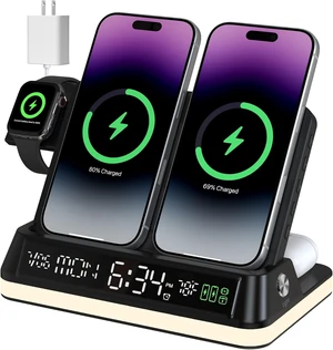 7 in 1 Wireless Charging Station with Auto-Sync Clock Sunset Night Light 7 in 1 Wireless Charging Station with Auto-Sync Clock Sunset Night Light