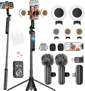 71" Auto Face Tracking Tripod for iPhone with 2 Lights, 2 Mics & Remote 71" Auto Face Tracking Tripod for iPhone with 2 Lights, 2 Mics & Remote