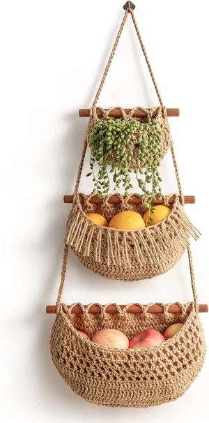 3 Tier Hanging Fruit Baskets for Kitchen, Handmade Jute Organizer 3 Tier Hanging Fruit Baskets for Kitchen, Handmade Jute Organizer