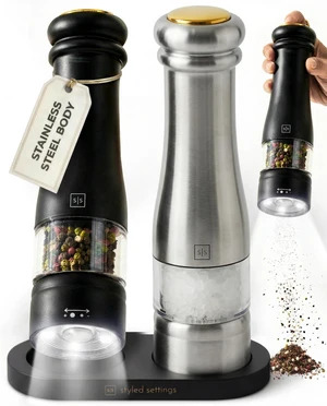 Electric Salt and Pepper Grinder Set, Black & silver Electric Salt and Pepper Grinder Set, Black & silver