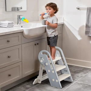 Adjustable Toddler Step Stool with Handles, Converts from 3-Step to 2-Step as Kids Grow, Non-Slip Safety Stool for Bathroom Sink, Kitchen Counter, Potty Training and Everyday Household Use-Grey Adjustable Toddler Step Stool with Handles, Converts from 3-Step to 2-Step as Kids Grow, Non-Slip Safety Stool for Bathroom Sink, Kitchen Counter, Potty Training and Everyday Household Use-Grey