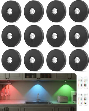 RGB Rechargeable Puck Lights with Remote Control, 1500mAh Battery Operated Tap Lights, Dimmer & Timer Under Cabinet, Wireless LED Stick-On for Closet, Bedroom, Kitchen - Black 12Pcs RGB Rechargeable Puck Lights with Remote Control, 1500mAh Battery Operated Tap Lights, Dimmer & Timer Under Cabinet, Wireless LED Stick-On for Closet, Bedroom, Kitchen - Black 12Pcs