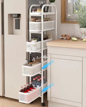 5-Tier Narrow Mobile Storage Cart with Pull-Out Baskets 5-Tier Narrow Mobile Storage Cart with Pull-Out Baskets