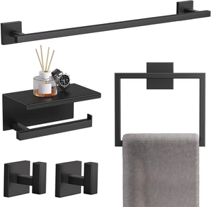 5-Pieces Matte Black Bathroom Hardware Accessories Set 23.6" SUS304 Stainless Steel Towel Bar Set Wall Mounted Square Toilet Paper Holder with Shelf 5-Pieces Matte Black Bathroom Hardware Accessories Set 23.6" SUS304 Stainless Steel Towel Bar Set Wall Mounted Square Toilet Paper Holder with Shelf