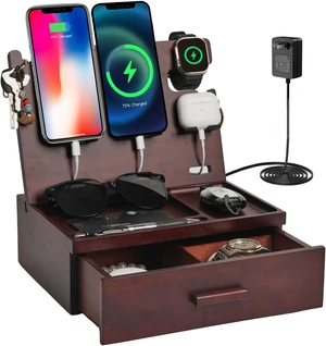 Nightstand Organizer with Drawer Built in 4 USB Quick Charger, Wood Phone Docking Station with Dual Phone Charging Station for Android Phones Anniversary Birthday Gifts for Men Dad Hunsband Mom Nightstand Organizer with Drawer Built in 4 USB Quick Charger, Wood Phone Docking Station with Dual Phone Charging Station for Android Phones Anniversary Birthday Gifts for Men Dad Hunsband Mom