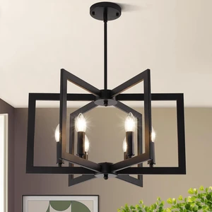 22" Black Chandelier for Dining Room, 6-Light Geometric Farmhouse Dining Room Fixture, Modern Foyer Lighting Fixtures, Industrial Hanging Pendant Lights for Kitchen Island, Living Room, Entryway 22" Black Chandelier for Dining Room, 6-Light Geometric Farmhouse Dining Room Fixture, Modern Foyer Lighting Fixtures, Industrial Hanging Pendant Lights for Kitchen Island, Living Room, Entryway