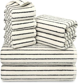 8 Piece Black and Ivory Towel Set, Super Soft & Absorbent Cotton Striped 8 Piece Black and Ivory Towel Set, Super Soft & Absorbent Cotton Striped