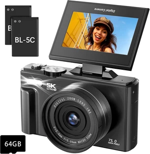 5K Digital Camera for Photography - 75MP Autofocus Vlogging Camera with 64GB SD Card, WiFi, 18X Zoom 3" 180° Flip Screen Compact Travel Camera with 2 Batteries for Teens and Beginner 5K Digital Camera for Photography - 75MP Autofocus Vlogging Camera with 64GB SD Card, WiFi, 18X Zoom 3" 180° Flip Screen Compact Travel Camera with 2 Batteries for Teens and Beginner