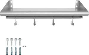 12" x 24" Stainless Steel Wall Mounted Shelf with 4 Hooks 12" x 24" Stainless Steel Wall Mounted Shelf with 4 Hooks