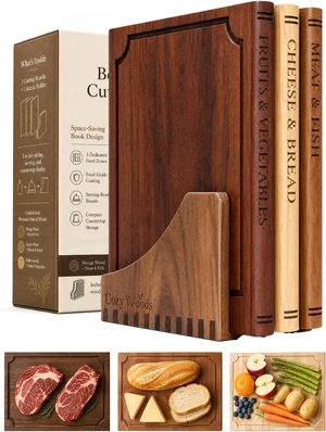 Book Cutting Board Set with Stand,3-Piece Real Hardwood Kitchen Boards Book Cutting Board Set with Stand,3-Piece Real Hardwood Kitchen Boards