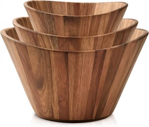 Wooden Salad Bowl Set of 3, Wavy 12" 10" 8" Wood Serving & Mixing Bowls Wooden Salad Bowl Set of 3, Wavy 12" 10" 8" Wood Serving & Mixing Bowls