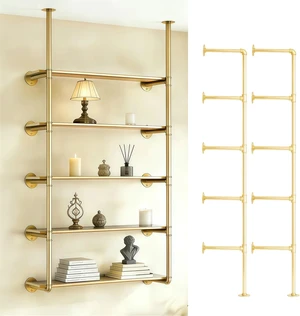 Gold Industrial Wall Mount Iron Pipe Shelf Bracket,DIY Open Bookshelf,Storage Shelves, Ceiling hung Shelves for Home Kitchen Bathroom Living Room Office(2PcsX5Tier,70" Tall,12"deep,Hardware Only) Gold Industrial Wall Mount Iron Pipe Shelf Bracket,DIY Open Bookshelf,Storage Shelves, Ceiling hung Shelves for Home Kitchen Bathroom Living Room Office(2PcsX5Tier,70" Tall,12"deep,Hardware Only)