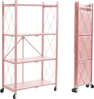 4-Tier Foldable Storage Shelves with Wheels, Folding Metal Rack Shelving Unit, Heavy Duty No Assembly Organizer Shelf for Garage, Kitchen, Basement, Pantry, Pink 4-Tier Foldable Storage Shelves with Wheels, Folding Metal Rack Shelving Unit, Heavy Duty No Assembly Organizer Shelf for Garage, Kitchen, Basement, Pantry, Pink