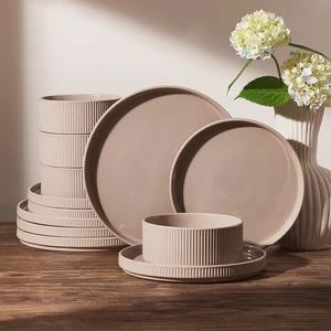 Ceramic Plates and Bowls Set, Dinnerware Sets, Ribbed Dishes for 4 Ceramic Plates and Bowls Set, Dinnerware Sets, Ribbed Dishes for 4