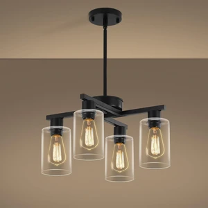 4-Light Modern Farmhouse Black Chandelier, Dining Room Light Fixture Over Table Adjustable Height Hanging Industrial Pendant Lights Kitchen Island, Clear Glass Shade 4-Light Modern Farmhouse Black Chandelier, Dining Room Light Fixture Over Table Adjustable Height Hanging Industrial Pendant Lights Kitchen Island, Clear Glass Shade