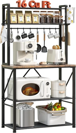 Coffee Bar, Bakers Rack with Storage, 25.6 Inches Microwave Stand, 5 Tier Kitchen Shelves Appliance Storage, 12 S Hooks Large Coffee Station for Spices, Pots and Pans, Rustic Brown Coffee Bar, Bakers Rack with Storage, 25.6 Inches Microwave Stand, 5 Tier Kitchen Shelves Appliance Storage, 12 S Hooks Large Coffee Station for Spices, Pots and Pans, Rustic Brown