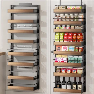 8 Tier Over The Door Pantry Organizer, 2 IN 1 Wall Mount or Hanging Spice Rack Seasoning Shelves with Adjustable Basket, Back of Door Organizer and Storage for Kitchen Cabinet and Room Closet 8 Tier Over The Door Pantry Organizer, 2 IN 1 Wall Mount or Hanging Spice Rack Seasoning Shelves with Adjustable Basket, Back of Door Organizer and Storage for Kitchen Cabinet and Room Closet