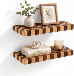 Floating Shelves for Wall, 16 Inch Solid Wood Checkered Wall Shelves Floating Shelves for Wall, 16 Inch Solid Wood Checkered Wall Shelves