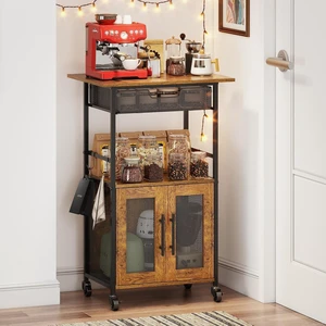3 Tier Slim Rolling Coffee Cart with 2-Door & Pull-Out Wire Basket Drawer, Coffee Bar Cabinet on Lockable Casters, 32.7" H Microwave Cart with Storage for Home, Kitchen, Living Room (Rustic Brown) 3 Tier Slim Rolling Coffee Cart with 2-Door & Pull-Out Wire Basket Drawer, Coffee Bar Cabinet on Lockable Casters, 32.7" H Microwave Cart with Storage for Home, Kitchen, Living Room (Rustic Brown)