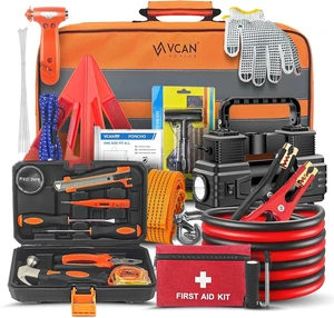 Car Emergency Kit with Portable Air Compressor, First Aid Kit, Jumper Cables, Roadside Safety Emergency Tool Kit for Women, Men, Teen Car Emergency Kit with Portable Air Compressor, First Aid Kit, Jumper Cables, Roadside Safety Emergency Tool Kit for Women, Men, Teen