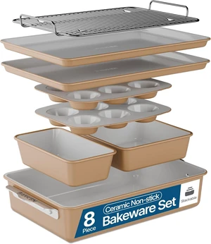 Bakken 8-Piece Stackable Bakeware Set Ceramic Non-Stick, Oven-Safe Baking Sheets & Pans, PTFE/PFOA/PFOS-Free, Ergonomic Handles, Includes Cooling Rack Healthy, Non-Toxic Baking Essentials, Gold Bakken 8-Piece Stackable Bakeware Set Ceramic Non-Stick, Oven-Safe Baking Sheets & Pans, PTFE/PFOA/PFOS-Free, Ergonomic Handles, Includes Cooling Rack Healthy, Non-Toxic Baking Essentials, Gold