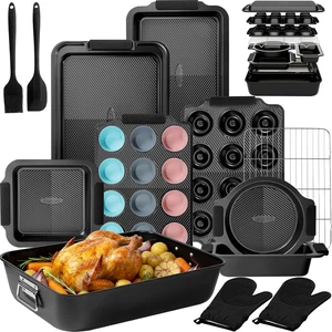 25-Piece Nonstick Baking Pans Set with Large Turkey Roasting Pan, Stackable Ceramic Bakeware Set, 450°F Oven Safe Baking Sheet Set with Silicone Handles, Cookie Sheets for Baking, Black 25-Piece Nonstick Baking Pans Set with Large Turkey Roasting Pan, Stackable Ceramic Bakeware Set, 450°F Oven Safe Baking Sheet Set with Silicone Handles, Cookie Sheets for Baking, Black
