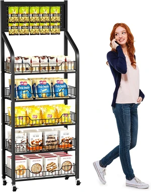 65" 5 Tier Snack Rack Display Stand with Hooks & Wheels, Metal Retail Display Shelf for Chips, Snacks, Candy, Metal Snack Shelf for Store Home Kitchen Store Organizer (50cm-black) 65" 5 Tier Snack Rack Display Stand with Hooks & Wheels, Metal Retail Display Shelf for Chips, Snacks, Candy, Metal Snack Shelf for Store Home Kitchen Store Organizer (50cm-black)