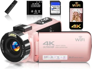 4K Video Camera Camcorder,UHD 56MP Camera Recorder,WiFi Vlogging Cameras for YouTube with IR Night Vision,18X Digital Zoom 3.0''Touch Screen Cam Corder with 64GB Card,Remote Control,Webcam,Pink 4K Video Camera Camcorder,UHD 56MP Camera Recorder,WiFi Vlogging Cameras for YouTube with IR Night Vision,18X Digital Zoom 3.0''Touch Screen Cam Corder with 64GB Card,Remote Control,Webcam,Pink
