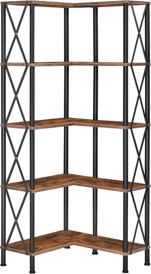 Corner Bookshelf, 5-Tier L-Shaped Bookcase, Industrial Open Display Shelf Tall Storage Organizer, Vertical Storage Rack, for Living Room, Home Office, Rustic Brown and Black BF60SJ01 Corner Bookshelf, 5-Tier L-Shaped Bookcase, Industrial Open Display Shelf Tall Storage Organizer, Vertical Storage Rack, for Living Room, Home Office, Rustic Brown and Black BF60SJ01