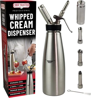 (2 Pint / 1 Liter) Stainless Steel Whipped Cream Dispenser - Decorating Tips for Desserts, Latte + Cleaning Brush - Whip Cream Dispenser Canister for Home, Bakery or Restaurant - 90079 (2 Pint / 1 Liter) Stainless Steel Whipped Cream Dispenser - Decorating Tips for Desserts, Latte + Cleaning Brush - Whip Cream Dispenser Canister for Home, Bakery or Restaurant - 90079