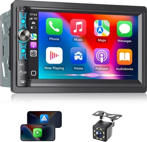 7" Double Din Car Stereo with Wireless Carplay & Android Auto, Bluetooth, 240W, SWC, Subwoofer Out, Mirror Link, USB-C/AUX/TF, FM/AM Car Radio Receiver, Backup Camera 7" Double Din Car Stereo with Wireless Carplay & Android Auto, Bluetooth, 240W, SWC, Subwoofer Out, Mirror Link, USB-C/AUX/TF, FM/AM Car Radio Receiver, Backup Camera