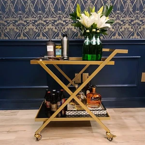 Gold Finish Bar Cart on Wheels, No-Tool Assembly 2-Tier Serving Cart with Black Tempered Glass Shelves & Locking Casters - Mobile Snack/Drink Cart for Home Bar, Kitchen, Parties Gold Finish Bar Cart on Wheels, No-Tool Assembly 2-Tier Serving Cart with Black Tempered Glass Shelves & Locking Casters - Mobile Snack/Drink Cart for Home Bar, Kitchen, Parties